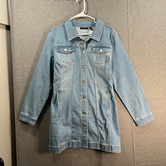 Susan Graver High Stretch Denim Long Jean Jacket Bleached Denim Large Petite - Picture 1 of 11